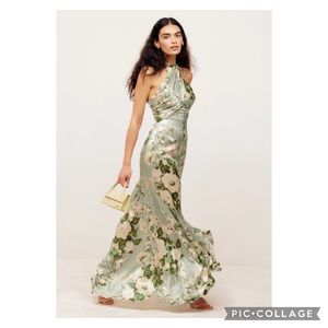 Reformation Veria Silk Maxi Dress Halter Neck Tarragon